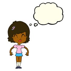 cartoon happy pretty woman with thought bubble N5