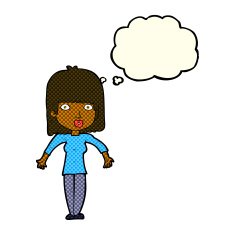 cartoon woman shrugging with thought bubble N28