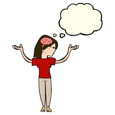cartoon intelligent woman with thought bubble N8