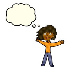 cartoon excited woman waving with thought bubble N5