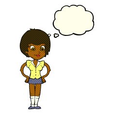cartoon pretty woman with hands on hips thought bubble N9