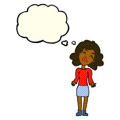 cartoon woman shrugging shoulders with thought bubble N204