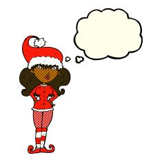 cartoon santa's helper woman with thought bubble N5