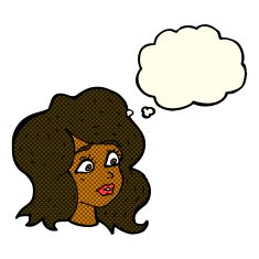 cartoon woman looking concerned with thought bubble N4