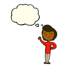 cartoon friendly waving woman with thought bubble N5