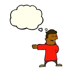 cartoon man gesturing direction with thought bubble N5