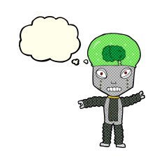 cartoon future robot with thought bubble N4