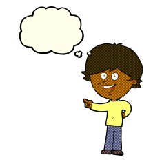 cartoon boy laughing and pointing with thought bubble N5
