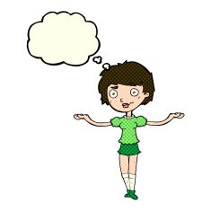 cartoon woman spreading arms with thought bubble N5