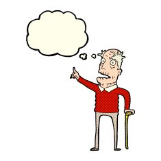 cartoon old man with walking stick thought bubble N3
