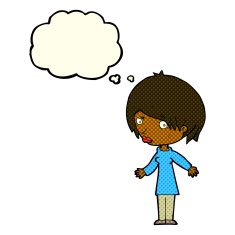 cartoon woman shrugging shoulders with thought bubble N209