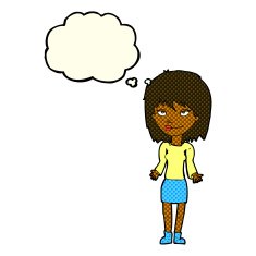 cartoon woman shrugging shoulders with thought bubble N210