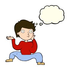 cartoon boy doing crazy dance with thought bubble N5