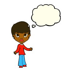 cartoon woman shrugging shoulders with thought bubble N212
