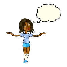 cartoon woman shrugging shoulders with thought bubble N213