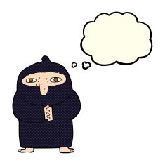 cartoon monk in robe with thought bubble N5