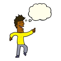 cartoon man pointing and laughing with thought bubble N13