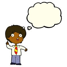 cartoon schoolboy answering question with thought bubble N5