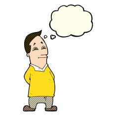 cartoon friendly man with thought bubble N9
