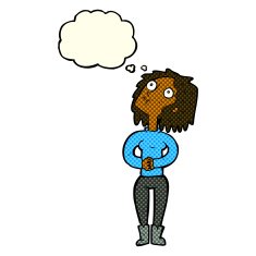 cartoon woman looking upwards with thought bubble N5