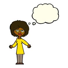 cartoon woman wearing glasses with thought bubble N10