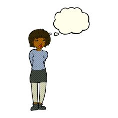 cartoon shy woman with thought bubble N22