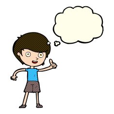 cartoon boy giving thumbs up symbol with thought bubble N5