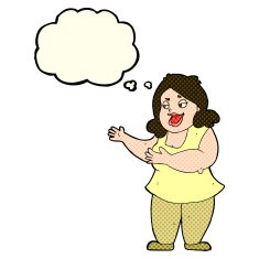cartoon happy fat woman with thought bubble N3