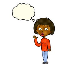 cartoon woman waving with thought bubble N149