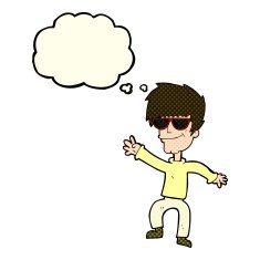 cartoon waving cool guy with thought bubble N5