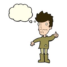 cartoon worried man giving thumbs up symbol with thought bubble N5