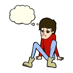 cartoon boy sitting on floor with thought bubble N5
