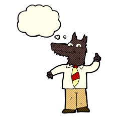 cartoon business wolf with idea thought bubble N3