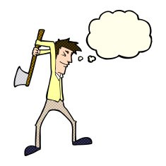 cartoon man swinging axe with thought bubble N5