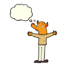 cartoon friendly fox person with thought bubble N3