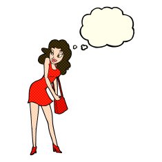 cartoon woman looking in handbag with thought bubble N5