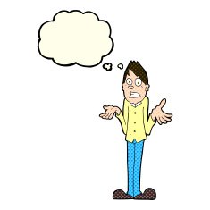 cartoon man shrugging shoulders with thought bubble N13