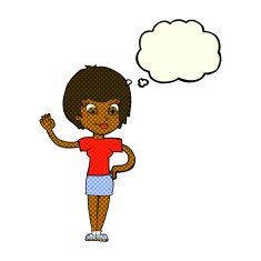 cartoon woman waving with thought bubble N151