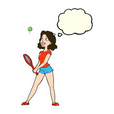 cartoon woman playing tennis with thought bubble N3