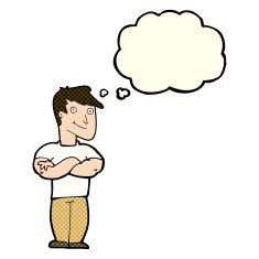 cartoon muscular man with thought bubble N5