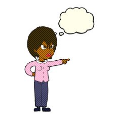 cartoon woman accusing with thought bubble N5