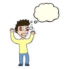 cartoon terrified man with thought bubble N99