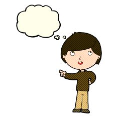 cartoon boy pointing with thought bubble N14