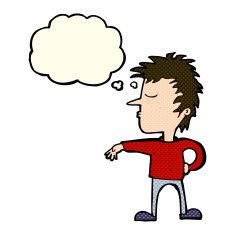 cartoon man making camp gesture with thought bubble N14