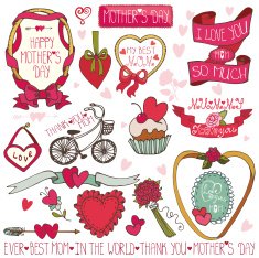 Mothers day decor elements set Ribbons labels roses hearts lette