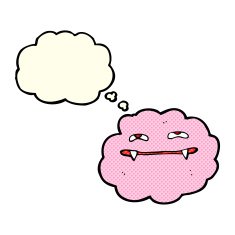 cartoon pink fluffy vampire cloud with thought bubble N3