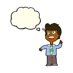 cartoon school boy raising hand with thought bubble N5