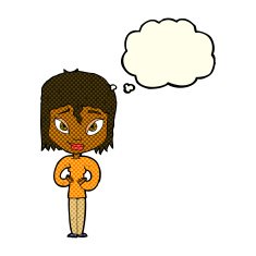 cartoon satisfied woman with thought bubble N5