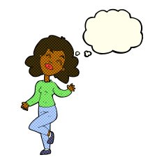 cartoon happy woman dancing with thought bubble N5