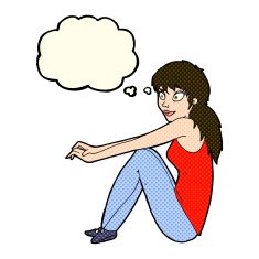 cartoon happy woman sitting with thought bubble N8